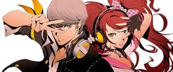  1boy 1girl bow brown_eyes brown_hair fingerless_gloves gloves grey_eyes grey_hair hair_bow headphones headphones_around_neck kujikawa_rise narukami_yuu persona persona_4 persona_4:_dancing_all_night short_hair single_glove twintails v 