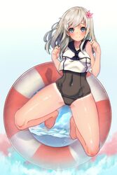  1girl ass_visible_through_thighs barefoot blue_eyes blush clouds covered_navel crop_top flower ganida_boushoku gradient gradient_background hair_flower hair_ornament highres innertube jumping kantai_collection long_hair looking_at_viewer ocean one-piece_tan ro-500_(kantai_collection) school_swimsuit school_uniform serafuku sky sleeveless smile solo swimsuit swimsuit_under_clothes tan tanline white_hair 