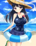  1girl beach black_hair blush breasts hat innertube kantai_collection large_breasts long_hair one-piece_swimsuit smile solo swimsuit ushio_(kantai_collection) yahiro_(anhnw) 