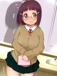 1girl blush breasts brown_eyes cardigan cleavage commentary_request glasses hair_ornament hairclip have_to_pee kozue_akari large_breasts long_sleeves mirror original purple_hair red-framed_glasses school_uniform shirt skirt solo sweatdrop trembling wavy_mouth 
