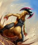  claws dutch_angle haxorus highres no_humans open_mouth pokemon pokemon_(creature) red_eyes scale tail tesshii_(riza4828) 