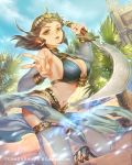  1girl armpits breasts building cleavage dancer detached_sleeves earrings egyptian egyptian_clothes esha green_eyes hair_ornament highres jewelry large_breasts looking_at_viewer official_art original revealing_clothes sarong short_hair sideboob silver_hair solo sword tenkuu_no_crystalia weapon 