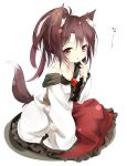  1girl alternate_hairstyle animal_ears bare_shoulders brooch brown_eyes brown_hair chestnut_mouth collarbone finger_to_mouth gorilla_(bun0615) highres imaizumi_kagerou jewelry long_sleeves looking_at_viewer open_mouth ponytail shirt sitting skirt solo tail touhou werewolf wide_sleeves wolf_ears wolf_tail 