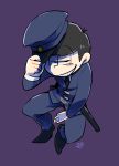  1boy adjusting_clothes adjusting_hat alternate_costume coyoichi from_above grin hat highres ichimatsu male_focus osomatsu-kun osomatsu-san police police_uniform purple_background simple_background smile solo squatting uniform 