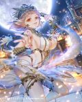  1girl armlet armpits bracer breasts building cleavage dancer earrings egyptian egyptian_clothes esha full_moon hat highres jewelry large_breasts looking_at_viewer moon nail_polish night official_art orange_eyes original revealing_clothes sarong short_hair sideboob silver_hair sky smile solo star_(sky) starry_sky sword tenkuu_no_crystalia weapon 