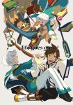  2boys age_progression book boots brown_hair circlet cloak falling green_eyes male_focus mikleo_(tales) multiple_boys on_lap open_mouth outstretched_arms short_hair smile sorey_(tales) staff sword tales_of_(series) tales_of_zestiria tasasakiamagu violet_eyes weapon white_hair younger 