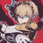  1girl aegis aegis_(persona) blue_eyes blurry clockwork-cadaver depth_of_field looking_at_viewer persona persona_3 persona_4:_the_ultimate_in_mayonaka_arena portrait robot shell_casing short_hair solo watermark web_address 