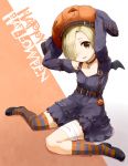  1girl arms_up asymmetrical_legwear bandaged_leg bandages belt blonde_hair brown_eyes collar hair_over_one_eye halloween happy_halloween hat idolmaster idolmaster_cinderella_girls jack-o&#039;-lantern jewelry kneehighs long_sleeves looking_at_viewer nagian necklace open_mouth shirasaka_koume short_hair single_thighhigh sitting skull sleeves_past_wrists smile solo striped striped_legwear thigh-highs wariza 