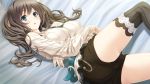  1girl aikawa_arisa_(kiss_ato) ass bed belt black_legwear blue_eyes blush breasts brown_hair collar crossed_arms game_cg kiss_ato_kiss_will_change_my_relation_with_you large_breasts legs long_hair looking_at_viewer lying mikoto_akemi shorts solo thighs 