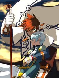  2boys boots brown_hair cape fingerless_gloves gloves green_eyes male_focus mikleo_(tales) multiple_boys sorey_(tales) sword tales_of_(series) tales_of_zestiria tasasakiamagu weapon white_hair 