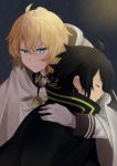  2boys black_hair blonde_hair blue_eyes character_request cloak closed_eyes fang gloves hug looking_at_viewer multiple_boys owari_no_seraph tagme white_gloves yukichi_(eikichi) 