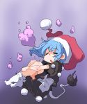  1girl blob blue_hair closed_eyes doremy_sweet dress hat highres nightcap open_mouth pom_pom_(clothes) shinapuu shirt short_hair skirt solo tail touhou 