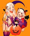  2girls breasts character_doll cleavage demon_tail demon_wings dress emiya_kiritsugu fate/grand_order fate_(series) garter_straps halloween_costume horns illyasviel_von_einzbern irisviel_von_einzbern kumio-appon midriff mother_and_daughter multiple_girls navel pumpkin red_eyes silver_hair tail thigh-highs wings 