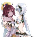  2girls atelier_(series) atelier_sophie backless_outfit bare_shoulders blush brown_eyes brown_hair detached_sleeves hair_ornament hand_on_another&#039;s_chin hat long_hair looking_away low_ponytail maromi_(am97) multiple_girls plachta puffy_short_sleeves puffy_sleeves shirt short_sleeves silver_hair smile sophie_neuenmuller very_long_hair yuri 