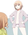  2girls bow bow_panties brown_eyes brown_hair flat_chest hands_on_hips kamiki_uutarou multiple_girls navel no_bra no_pants open_clothes open_mouth open_shirt panties shirt short_hair underwear 