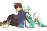  2boys back-to-back boots brown_hair closed_eyes green_eyes male_focus mikleo_(tales) multiple_boys short_hair sitting smile sorey_(tales) tales_of_(series) tales_of_zestiria white_hair 