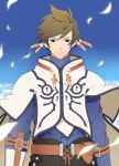  1boy brown_hair earrings gloves green_eyes jewelry male_focus mochi_(pixiv) pants smile sorey_(tales) tales_of_(series) tales_of_zestiria 