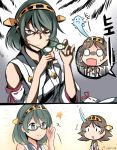  2girls brown_hair comic commentary_request detached_sleeves giving_up_the_ghost glasses glasses_removed green_hair grey_hair hairband hiei_(kantai_collection) ido_(teketeke) kantai_collection kirishima_(kantai_collection) multiple_girls nontraditional_miko short_hair smile sweat translation_request twitter_username 