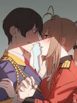  1boy 1girl aiguillette amagi_brilliant_park amino_(tn7135) antenna_hair blush brown_eyes brown_hair epaulettes eye_contact from_side hand_on_another&#039;s_face incipient_kiss kanie_seiya long_hair looking_at_another military military_uniform parted_lips ponytail sento_isuzu sidelocks uniform upper_body 