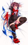  1girl :d ahoge armpits asymmetrical_wings belly black_legwear blush bow breasts covered_navel dakimakura dress grin highres houjuu_nue large_bow messy_hair open_mouth panties red_eyes red_shoes shoes slit_pupils smile solo teeth teinba thick_thighs thigh-highs thigh_grab thighs touhou underwear white_panties wings 