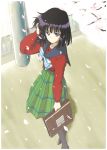  1girl bishoujo_senshi_sailor_moon black_hair black_legwear blue_bow bow from_above full_body green_skirt hino_ryutaro pantyhose petals plaid plaid_skirt school_uniform serafuku short_hair skirt smile solo striped striped_bow tomoe_hotaru violet_eyes 