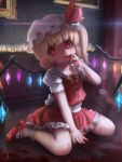  1girl bat_wings blonde_hair blood blood_on_face blood_on_fingers bow buttons candle flandre_scarlet hat hat_bow highres indoors looking_at_viewer mary_janes mob_cap novcel red_eyes shoes sitting skirt socks solo touhou wariza white_legwear wings wooden_floor 