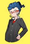  1boy blue_hair cosplay glasses hand_on_hip houndstooth inazuma_eleven_(series) inazuma_eleven_go looking_at_viewer male_focus narukami_yuu narukami_yuu_(cosplay) persona persona_4 red-framed_glasses simple_background solo tooru tsurugi_kyousuke unmoving_pattern yellow_background 