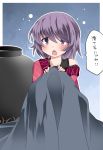  1girl blanket commentary d: hair_over_one_eye hammer_(sunset_beach) looking_at_viewer off_shoulder open_mouth purple_hair rice_bowl short_hair sleepy solo sukuna_shinmyoumaru tareme touhou translated violet_eyes 