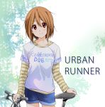  1girl bicycle_seat brown_eyes brown_hair denim denim_shorts dresstrip hirasawa_yui italian k-on! short_hair shorts standing 