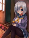  1girl blue_eyes blush breasts food hair_ornament hair_over_one_eye hairclip hamakaze_(kantai_collection) kantai_collection large_breasts looking_at_viewer pantyhose school_uniform serafuku short_hair silver_hair smile solo sweet_potato yahiro_(anhnw) 