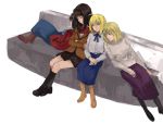  4girls ahoge aozaki_aoko arcueid_brunestud boots closed_eyes coat couch crossed_arms crossover fate/stay_night fate_(series) hand_on_hip hands_in_pockets hands_on_lap kara_no_kyoukai leaning leaning_on_person long_hair long_skirt long_sleeves lsunl mahou_tsukai_no_yoru miniskirt multiple_girls open_mouth ryougi_shiki saber school_uniform shoes short_hair sitting skirt sleeping socks tsukihime type-moon 