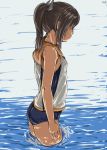  1girl 4shi ass brown_hair highres i-401_(kantai_collection) kantai_collection one-piece_swimsuit partially_submerged ponytail sailor_collar school_swimsuit school_uniform sidelocks solo swimsuit swimsuit_under_clothes 
