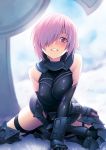  1girl arm_support bare_shoulders breasts elbow_gloves fate/grand_order fate_(series) gauntlets gloves greaves hair_over_one_eye kazuma_muramasa kneeling large_breasts leaning_forward looking_at_viewer purple_hair shielder_(fate/grand_order) short_hair solo thigh_strap violet_eyes 