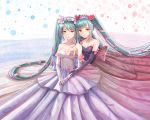  2girls aqua_hair artist_request breasts cleavage dress elbow_gloves gloves hatsune_miku long_hair multiple_girls red_eyes twintails vocaloid water 