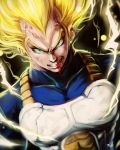  1boy absurdres amaguchi_chiyoko anger_vein armor blonde_hair blood dragon_ball dragon_ball_z dutch_angle electricity green_eyes grin highres kubrick_stare male_focus nosebleed smile solo super_saiyan upper_body vegeta widow&#039;s_peak 