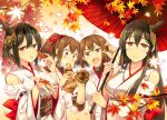  4girls :d autumn autumn_leaves bare_shoulders black_hair breasts brown_eyes brown_hair detached_sleeves eating food fusou_(kantai_collection) hair_ornament hair_ribbon hyuuga_(kantai_collection) ise_(kantai_collection) japanese_clothes kantai_collection large_breasts leaf long_hair maple_leaf multiple_girls nontraditional_miko nut_(food) open_mouth oriental_umbrella ponytail red_eyes ribbon short_hair smile sweet_potato takitarou umbrella yamashiro_(kantai_collection) 
