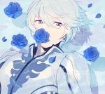  1boy blue_rose flower male_focus mikleo_(tales) mouth_hold rose short_hair solo t0mati0a tales_of_(series) tales_of_zestiria violet_eyes white_hair 