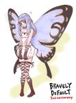  1girl aerie_(bravely_default) bare_shoulders blush bravely_default:_flying_fairy bravely_default_(series) butterfly_wings copyright_name cross-laced_legwear dress dress_tug fairy flying_sweatdrops grey_eyes kawaguchi_naohide long_hair open_mouth pointy_ears short_dress silver_hair solo strapless_dress white_dress wings 