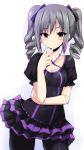  1girl black_legwear blush bow breasts drill_hair grey_hair hair_bow highres idolmaster idolmaster_cinderella_girls kanzaki_ranko large_breasts long_hair looking_at_viewer pantyhose red_eyes sen_(astronomy) simple_background smile solo twin_drills twintails white_background 