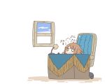 1girl :t annoyed blush_stickers brown_hair chair commentary_request desk desk_lamp highres ikazuchi_(kantai_collection) inishie jitome kantai_collection office_chair pout short_hair sitting solid_oval_eyes solo window 
