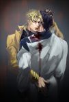  bite_mark black_hair black_nails blonde_hair blood blood_from_mouth bloody_clothes dio_brando earrings fangs hand_on_another&#039;s_ass hand_on_another&#039;s_head highres jacket jewelry jojo_no_kimyou_na_bouken kuujou_joutarou less_end long_coat nail_polish red_eyes tongue tongue_out vampire wrist_cuffs 