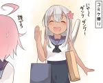  2girls :d ^_^ ahoge bag closed_eyes commentary_request covered_navel i-58_(kantai_collection) ido_(teketeke) kantai_collection long_hair multiple_girls open_mouth pink_hair poster_(object) ro-500_(kantai_collection) school_swimsuit school_uniform serafuku shopping_bag short_hair silver_hair smile swimsuit swimsuit_under_clothes tan translation_request 