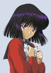  1girl bishoujo_senshi_sailor_moon black_hair blue_background blue_bow bow hino_ryutaro school_uniform serafuku short_hair solo striped striped_bow tomoe_hotaru upper_body violet_eyes 