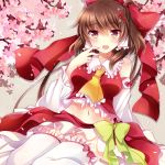  1girl ascot blush bow breasts brown_hair cherry_blossoms cowboy_shot detached_sleeves dutch_angle flower grey_background hair_bow hair_flower hair_ornament hair_tubes hakurei_reimu ichiyou_moka long_hair looking_at_viewer midriff navel open_mouth simple_background skirt solo touhou tree_branch 