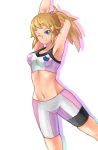  1girl :3 arm_behind_head arm_up armpits bike_shorts blonde_hair blue_eyes breasts cleavage crop_top gundam gundam_build_fighters gundam_build_fighters_try hair_tie highres hoshino_fumina midriff navel one_eye_closed ponytail shiny shiny_skin smile solo tank_top tesshii_(riza4828) 