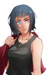  1girl black_hair blue_eyes breasts eyebrow_piercing ghost_in_the_shell ghost_in_the_shell_arise kusanagi_motoko lips piercing short_hair solo swimsuit tankini towel upper_body whistle_frog 