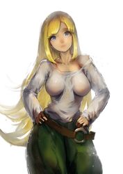  1girl belt blonde_hair blue_eyes breasts gundam_tekketsu_no_orphans hands_on_hips highres hips kudelia_aina_bernstein large_breasts long_hair simple_background sky_of_morika solo strap_slip thighs very_long_hair white_background 