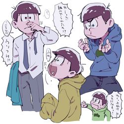  4boys blood blue_eyes bowl_cut brothers brown_hair choromatsu heart heart_in_mouth hoodie jyushimatsu karamatsu loose_necktie male_focus multiple_boys necktie nosebleed osomatsu-kun osomatsu-san osomatsu_(osomatsu-kun) red_eyes siblings simple_background sleeves_past_wrists white_background yellow_eyes 