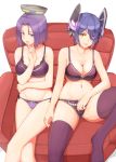  2girls bow bow_bra bow_panties bra breasts chair cleavage collarbone eyepatch finger_to_mouth grin headgear kantai_collection lace-trimmed_bra lace-trimmed_panties large_breasts lingerie looking_at_viewer mechanical_halo multiple_girls navel one_leg_raised osterei panties purple_bra purple_hair purple_panties short_hair side-by-side side-tie_panties simple_background sitting smile tatsuta_(kantai_collection) tenryuu_(kantai_collection) thigh-highs underwear underwear_only violet_eyes white_background yellow_eyes 