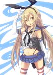  1girl blonde_hair brown_eyes elbow_gloves fu-ta gloves hair_ribbon kantai_collection long_hair looking_at_viewer midriff navel open_mouth pleated_skirt ribbon sailor_collar salute shimakaze_(kantai_collection) skirt solo striped striped_legwear thigh-highs white_gloves 